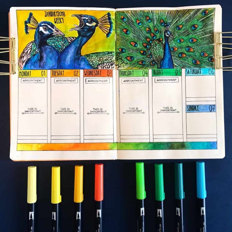 peacock inspired bullet journal spreads