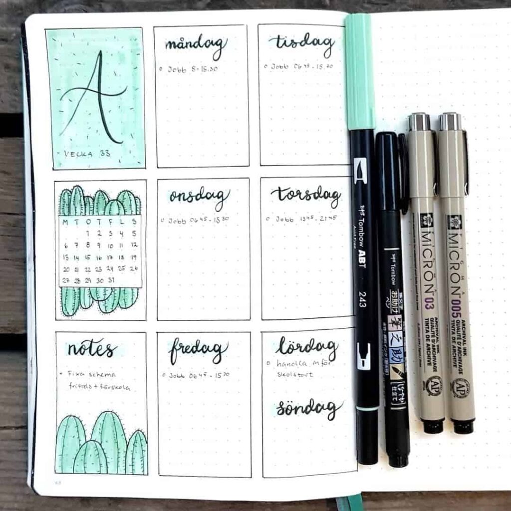 mint bullet journal layout