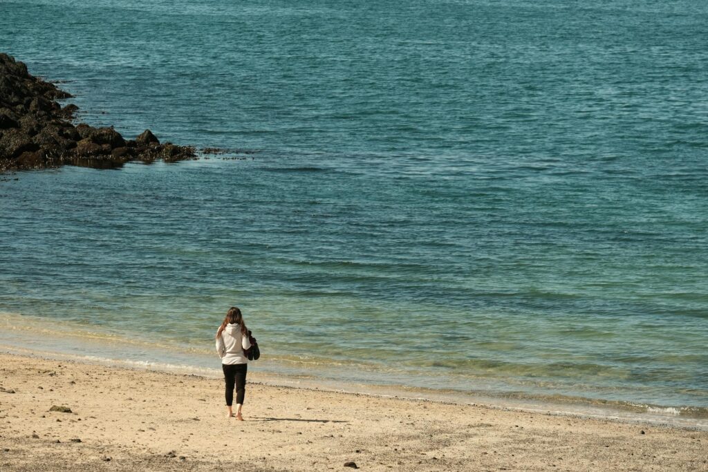 A lone person walking on a tranquil beach shore in Reykjavík, Iceland, under a clear blue sky.