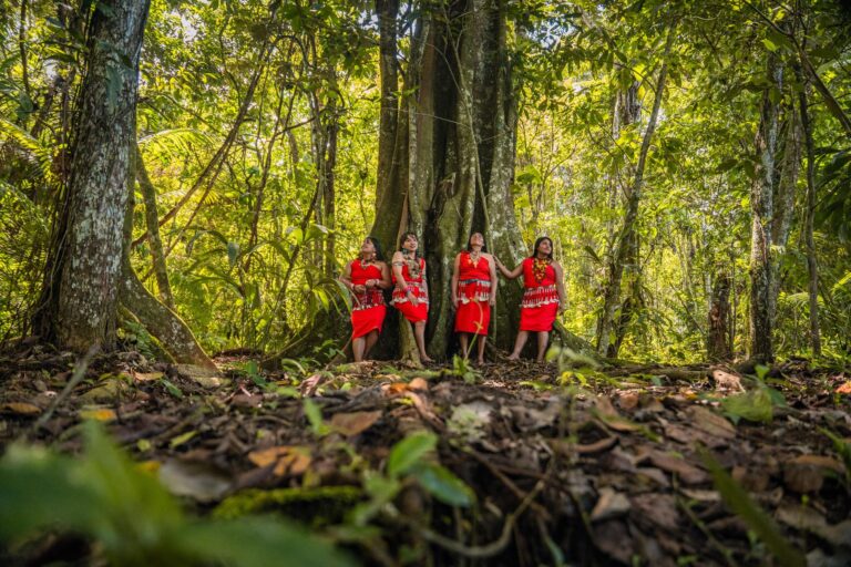 Portrait of indigenous women in traditional attire in the lush forests of San Martín, Perú.